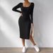 Autumn And Winter New European And American Square Collar Long-sleeved Hem Slit Jacquard Polished Dress Women_ecoleips.com