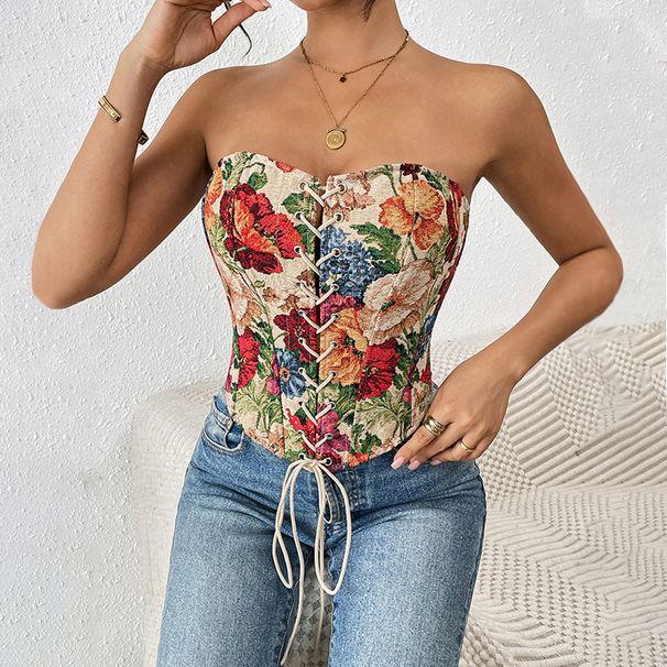 French Retro Floral Print Bandeau Vest Strapless Tie Up Street Style Slim Fit Women's Top_ecoleips.com