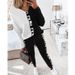 Women's yarn-dyed ribbon splicing long sleeve T-shirt pencil pants casual suit_ecoleips.com