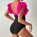 Women's Clothing Solid Color Splicing Ruffled One Piece Swimsuit Triangle Gathered Deep V Swimsuit_ecoleips.com