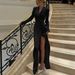 Women's Clothing New Party Dress Skirt Female High Grade V Neck Long Sleeved Temperament High Waist Slit French Dress_ecoleips.com