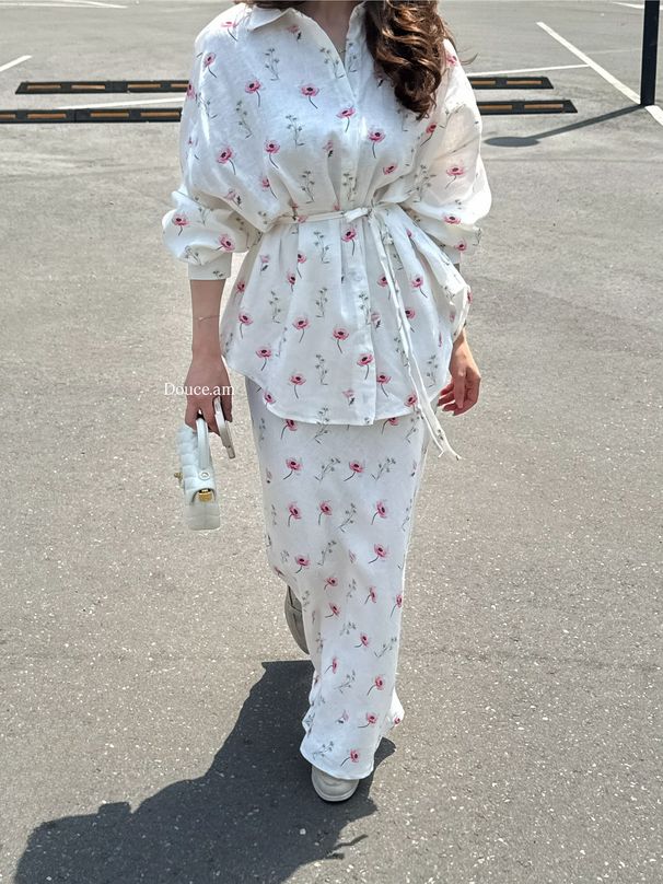 New Long Sleeved Cardigan Tie Waist Printed Top And Skirt Set For Europe And America_ecoleips.com