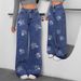 Women High Waist Wide Leg Jeans, Floral Rhinestone Embellished Loose Denim Trousers For Daily Streetwear_ecoleips.com