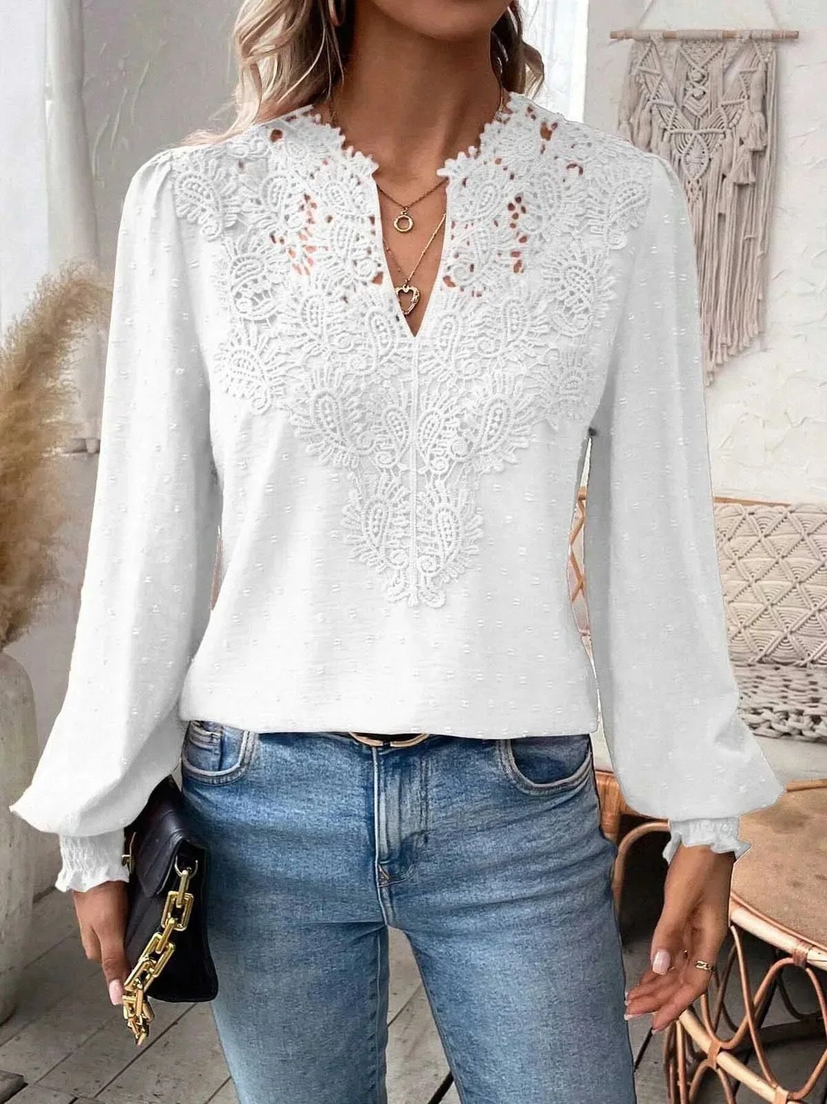 Women's V-Neck Lace Trim Long Sleeve T-Shirt, Solid Color Casual Blouse For Autumn Winter, Soft Stretch Basic Top_ecoleips.com
