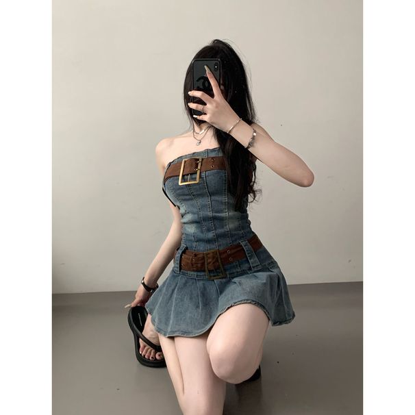 retro Strapless Denim With Belt For Women, European And American Y2K Hot Girl Style, Waist-cinching, Slimming, Sexy_ecoleips.com