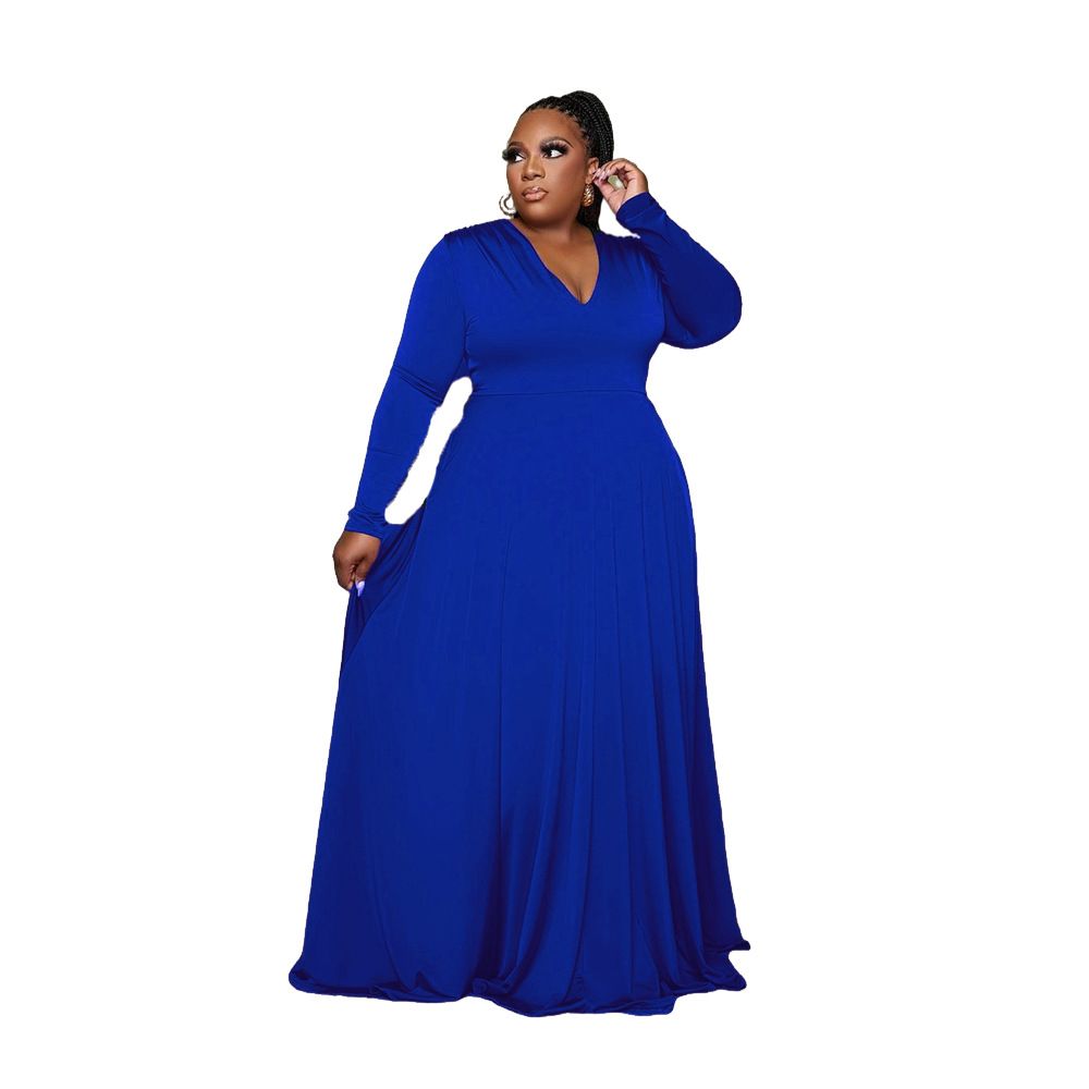 Plus Size Solid Color V Neck Long Sleeve Floor Length Dress European And American Style Independent Website Source For Women's Clothing_ecoleips.com