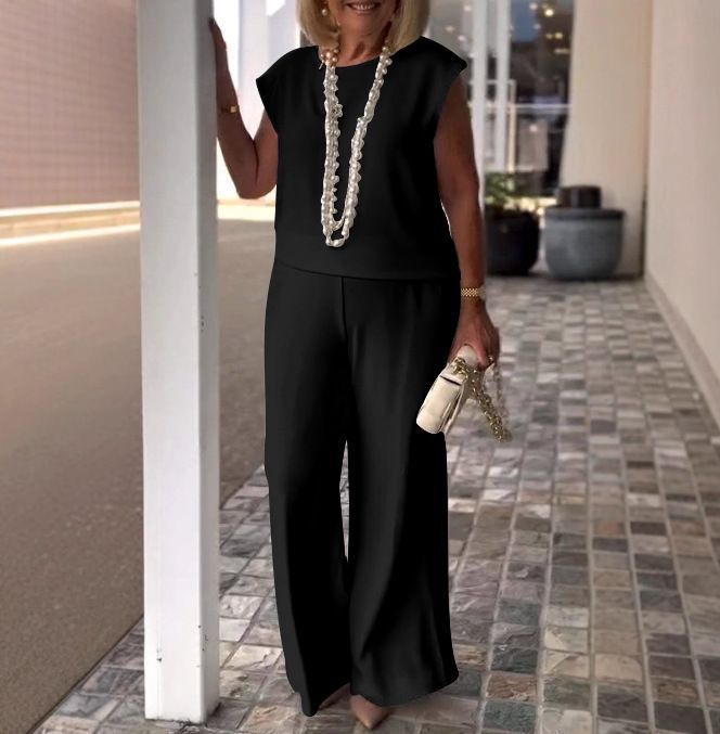 Women's Clothing Solid Color Round Neck Sleeveless Top And Pants Set_ecoleips.com