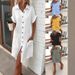 Women's Casual Loose Fit A-Line Midi Dress Button Front Short Sleeve Polyester Solid Color_ecoleips.com