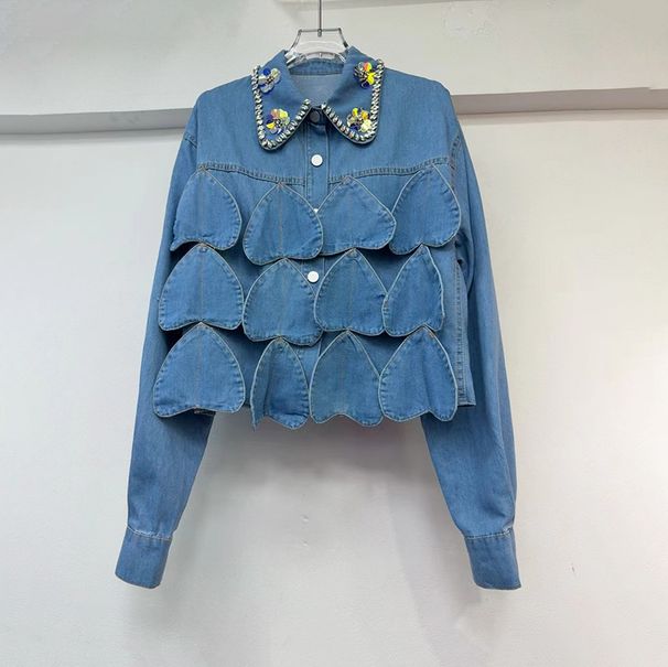 Women's Heart Shaped Beaded Denim Top Short Shirt Fashion Trendy Spring Autumn New Arrival_ecoleips.com