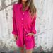 Women's Casual Solid Color Cotton Linen Shorts Long Sleeved Wrinkled Shirt Two Piece Suit Style_ecoleips.com