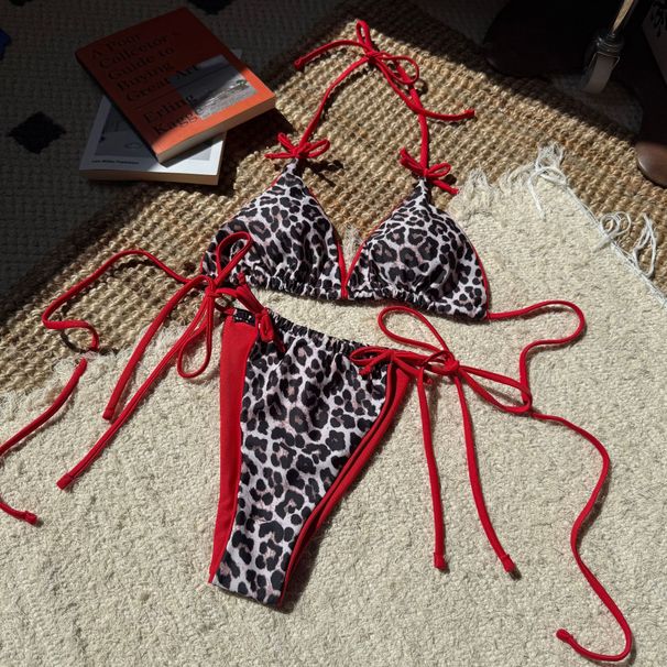 2025 New European And American Sexy Tie Leopard Print Color Block Two-Piece Swimsuit Bikini Cross-Border Foreign Trade_ecoleips.com