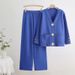Cross new V neck single breasted metal button cardigan top wide leg pants knitted versatile two piece suit_ecoleips.com