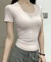 Front Shoulder Waist T-Shirt High Elastic Naked Short Sleeve Women's Waist Bottom Top_ecoleips.com