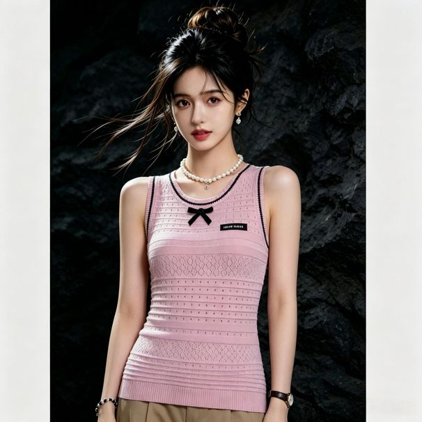 French-style Contrast Color Trim Knitted Vest For Women, 2026 Summer New Model, Breathable Hollow Bow Design Sleeveless_ecoleips.com