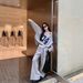 American Retro Print Off-shoulder Long-sleeve Sweatshirt Sports Suit For Women, Autumn Casual Wide-leg Pants Gray_ecoleips.com