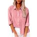 Verve 24 New Women's Casual Solid Color Pocket Split Button Cotton Linen Long Sleeve Shirt_ecoleips.com