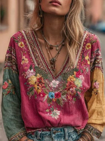 Bohemian Floral Print V-Neck Blouse - Cotton Linen Long Sleeve Tunic Top For Women, Casual Ethnic Embroidered Peasant Shirt_ecoleips.com