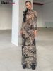 Weird Puss Mesh Print Women Maxi Dress Turtleneck Full Sleeve Bodycon Autumn Trendy Hipsters High Street Party Y2K Attirewear_ecoleips.com