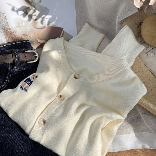 Women's Bear Embroidered Knit Sweater – Cozy Long Sleeve Cardigan, Loose Fit College Style (White/Camel/Grey/Navy/Black/Pink/Apricot)_ecoleips.com