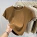 Women's Clothing Round Neck Wide Striped Short Sleeved Knitted Sweater Women's T Shirt Autumn New Slim Temperament Short Sweater Tops Women_ecoleips.com