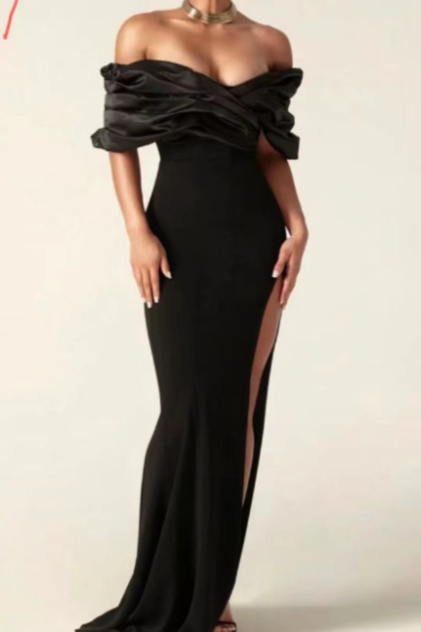 Women's Clothing Evening Dress One Shoulder Sexy Slit Dress Top Solid Color Pleated Hip_ecoleips.com