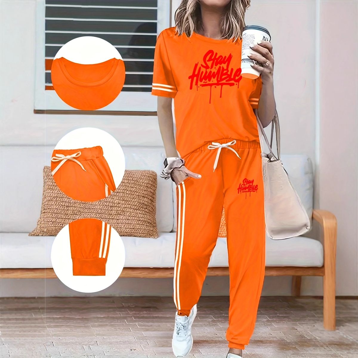 Women's Spring Summer Two Piece Set Round Neck Short Sleeve High Waisted Pants Side Pocket Casual Comfortable Outfit_ecoleips.com