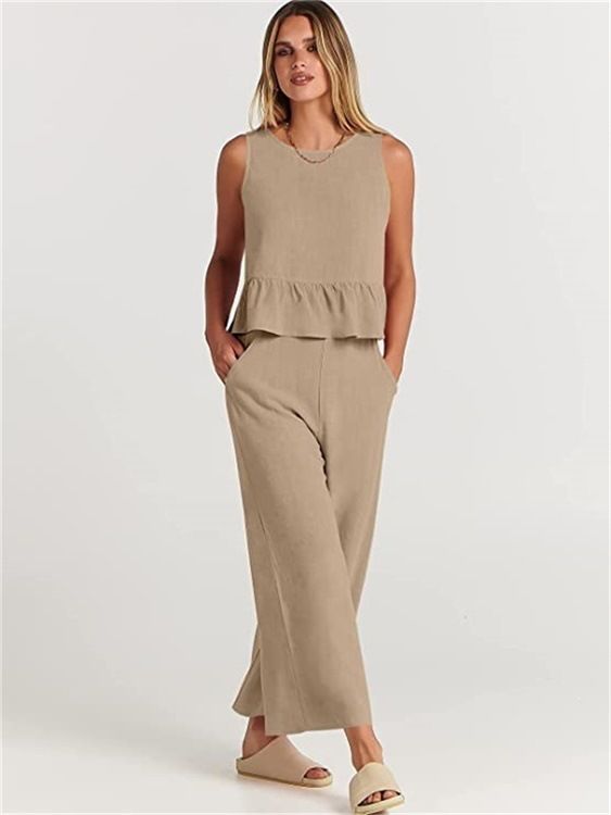 Women's Clothing Summer Casual Suit American Style Sleeveless Pleated Vest Wide Leg Cropped Pants Set_ecoleips.com