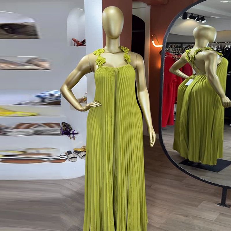 Summer New Style Spaghetti Strap Backless Pleated Long Dress Sweet And Fresh For American Women_ecoleips.com