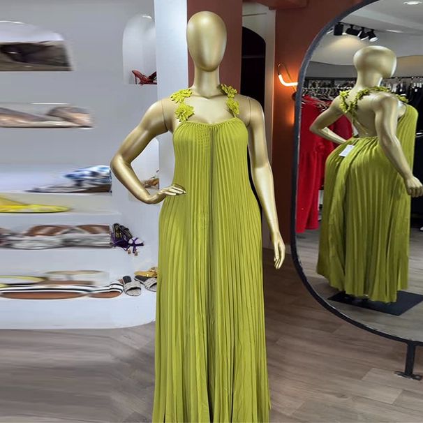 Summer New Style Spaghetti Strap Backless Pleated Long Dress Sweet And Fresh For American Women_ecoleips.com