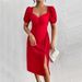 Voya Women's European And American Square Neck Chest Pleated Slit A-line Skirt Ins Popular Bubble Sleeve Red Dress_ecoleips.com