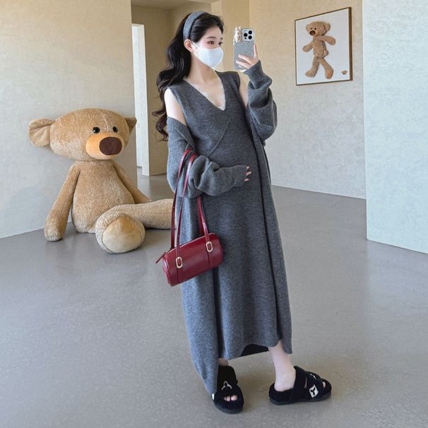 Autumn New Korean Fashion Lace Patchwork V-neck Tank Two-piece Set Maternity Dress_ecoleips.com