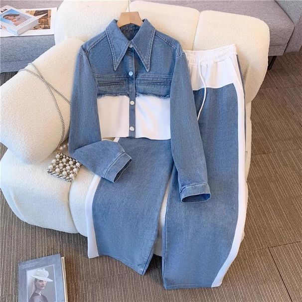 Women's Clothing Denim Patchwork Fashion Casual Suit Spring And Autumn New Long Sleeved Top + Wide Leg Long Pants Two Piece Suit_ecoleips.com