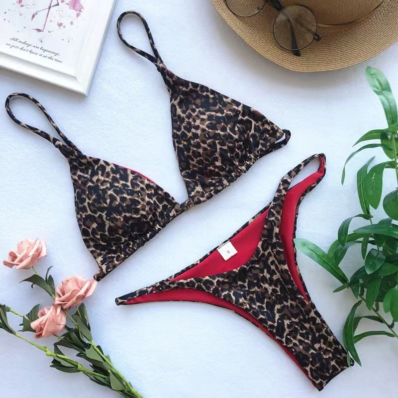 Leopard Print Bikini Set - Sexy Triangle Push-Up Swimsuit With G-String For Small Bust_ecoleips.com