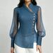 Elegant Slimming Side Button Patchwork Organza Denim Shirt Women's Fashion Top_ecoleips.com