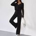Women's Autumn Casual Straight-Leg Pants V-Neck Haier Roll Wash And Dry Set_ecoleips.com