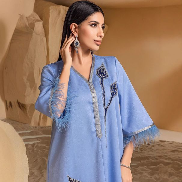 Women's Clothing Embroidered Silver Feather Edge Robe Jalibaya Dress_ecoleips.com