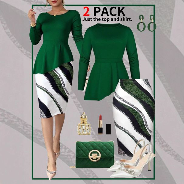 Women's Plus Size Elegant Two Piece Set With Irregular Hem Round Neck Long Sleeve Pullover Top And Slim Fit Skirt_ecoleips.com