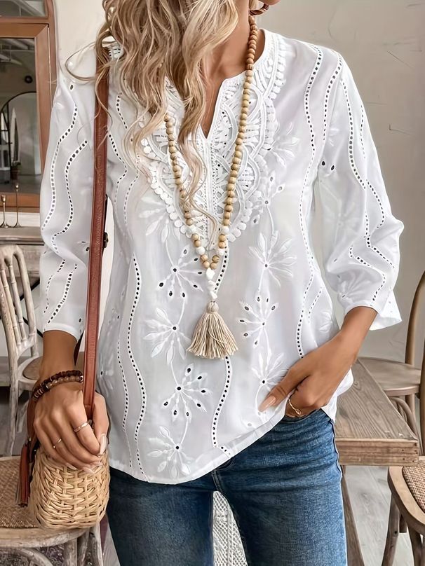 Women's Clothing Spring/Summer Women's Lace Embroidery Top V Neck Loose Fit Style Fashion For Formal & Casual For Women_ecoleips.com