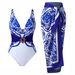 Blue And White Porcelain Print Halter Neck One Piece Swimsuit High Slit Wrap Skirt Two Piece Set For Women Beach Vacation_ecoleips.com