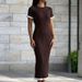 Ruffle Color Blocked Short Sleeved Knitted Dress Summer O-neck Wrap Hip Commuting Dress Casual Pit Stripe Women's Long Dresses_ecoleips.com