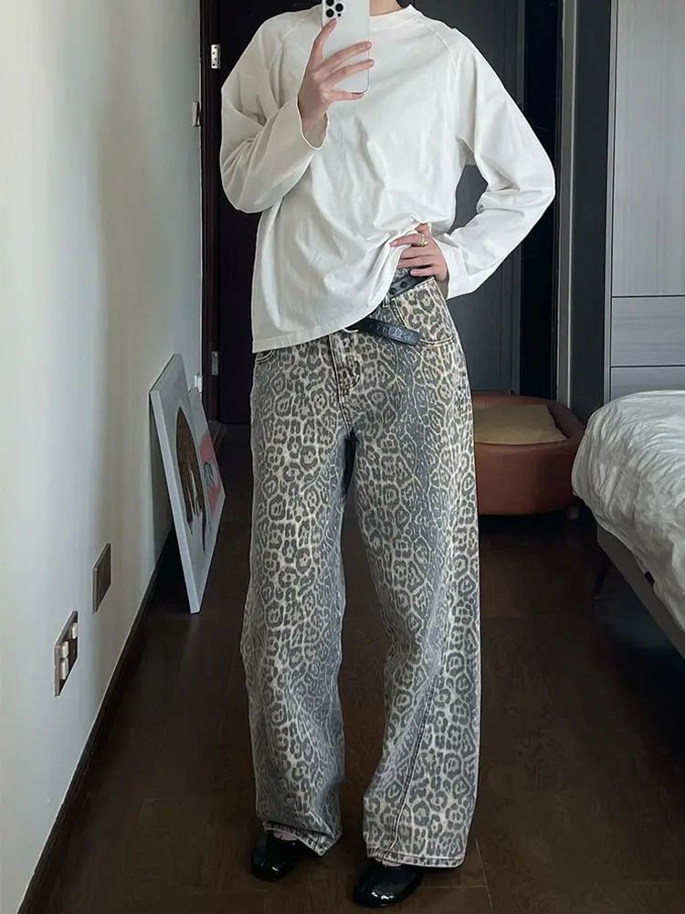 Women's Clothing Retro Leopard Print Jeans Street Hip Hop Beige Straight Wide Leg Pants High Waist Loose Jeans For Women_ecoleips.com
