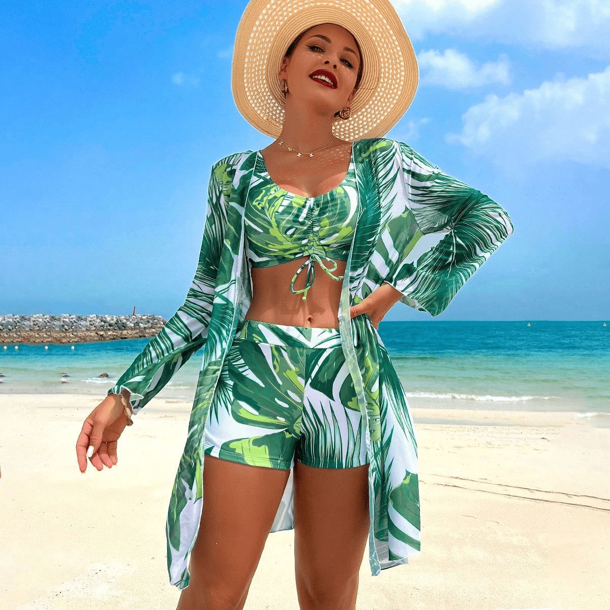 Women's 3-Piece Maple Leaf Print Swimsuit Set Stylish Bikini Top And Cover-Up for Beach Pool_ecoleips.com