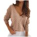 Polish-Style Solid-Color Moccasino Lace V-Neck Knit Sweater_ecoleips.com