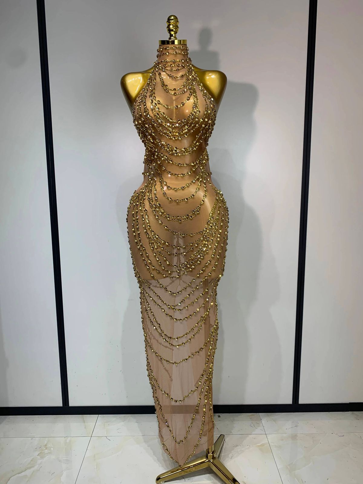 Sparkly Sexy Transparent Mesh Long Dress Women Luxury Birthday Club Party Gown Stage Singer Performance Costume PX8L_ecoleips.com