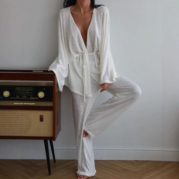 White Ice Silk Cotton Sleeve Long Pants Loose Wearable Pajama Set European And American Autumn New Home Wear For_ecoleips.com
