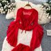 Women's French Style Red Ruffled Bell Sleeve V Neck Blouse And High Waisted Skirt Set Resort Inspired Two Piece Perfect For Autumn_ecoleips.com