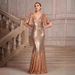 Women's Clothing New V Neck Mid Sleeve Solid Color Summer Sequins Elegant Slim Fishtail Skirt Ladies Evening Dress_ecoleips.com