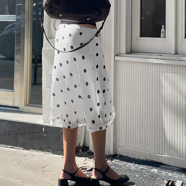 Women's Low-Waisted Ruffled Midi Skirt Style Summer Retro Polka Dot Pattern Versatile Long Street Style Skirt_ecoleips.com