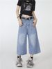 American Loose Fit Washed Vintage Cropped Denim Shorts For Women High Design Wide Leg Mid-Length Pants Street Style_ecoleips.com