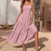 Women's Spaghetti Strap Summer Ruched Layered Bohemian Sleeveless Long Beach Dress_ecoleips.com